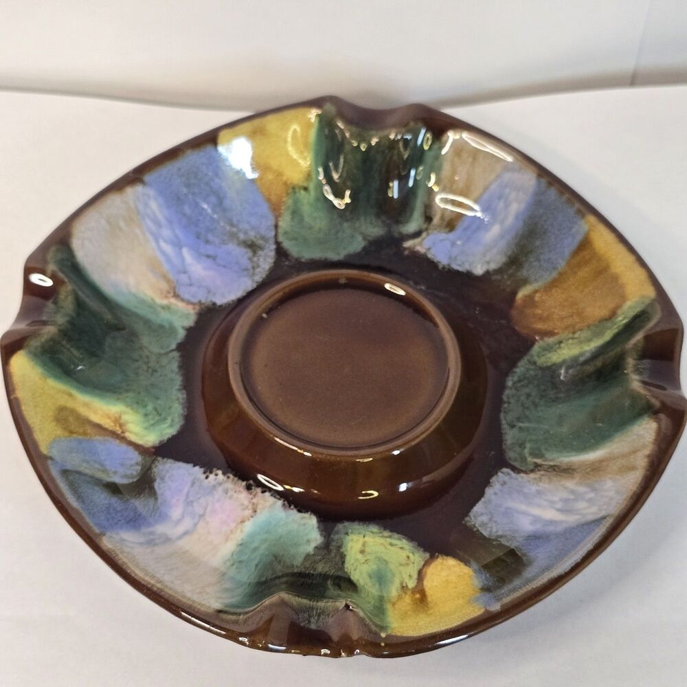 Vintage Tilso Pottery Ashtray Rainbow Drip Glaze 7” Round Trinket Tray Japan MCM